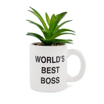 Silver Buffalo The Office Worlds Best Boss Mini Ceramic Planter With Artificial Plant | 4 L X 4.5 H X 3.25 W