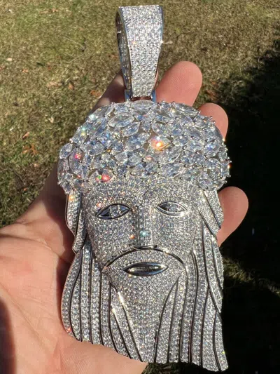 Pre-owned Silver Huge 6" 290 Gram Real 925  Mens Iced Baguette Cz Jesus Piece Pendant In Gold