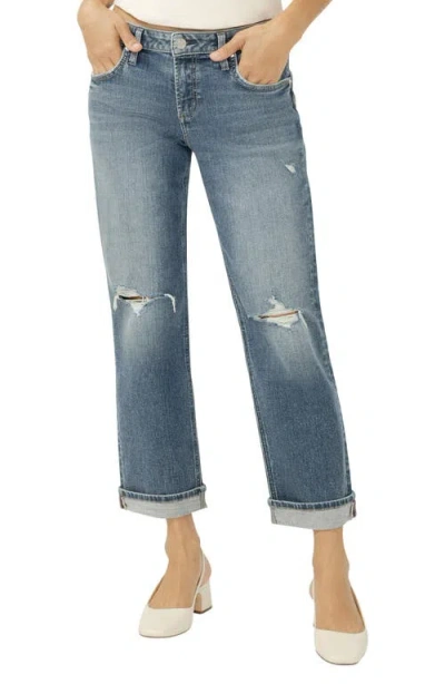 Silver Jeans Co. Chelsea Ripped Boyfriend Ankle Straight Leg Jeans In Blue