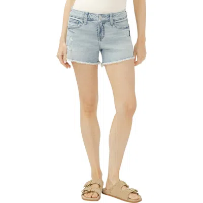 Silver Jeans Co. Elyse Curvy Frayed Mid Rise Denim Shorts In Blue