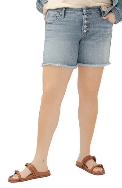 Silver Jeans Co. Exposed Button Fray Hem Boyfriend Shorts In Indigo