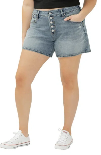 Silver Jeans Co. Exposed Button Mid Rise Denim Boyfriend Shorts In Blue