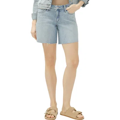 Silver Jeans Co. Suki Curvy Raw Hem Studded Mid Thigh Denim Shorts In Blue