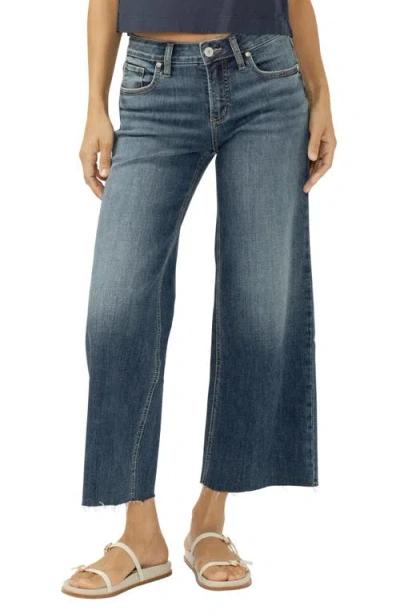Silver Jeans Co. Suki Embellished Pocket Raw Hem Crop Wide Leg Jeans In Blue