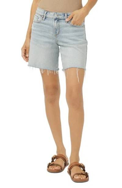 Silver Jeans Co. Suki Raw Hem Mid Thigh Denim Shorts In Blue