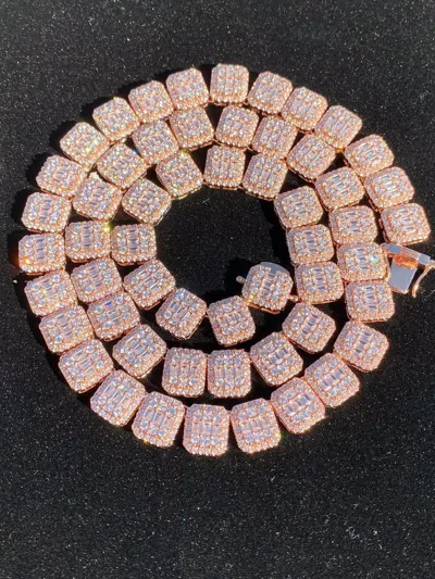 Pre-owned Silver Men's Baguette Tennis Chain Rose Gold Plated Real 925  18" Choker - 30" Cz In Pink