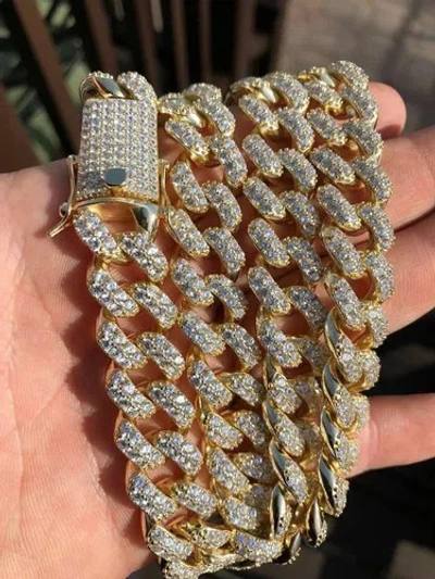 Pre-owned Silver Men's Cuban Miami Link 15mm Chain 14k Yellow Gold Plated Solid 925  Cz