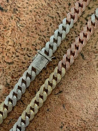 Pre-owned Silver Men's Miami Cuban Link 12mm Chain Solid 925  Tri Color Plated Cz In , 14k Yellow Gold & Rose Gold