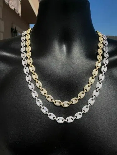 Pre-owned Silver Men's Puffed Mariner Link Chain Cz Solid 925 Sterling  14k Gold Plated In Gold,