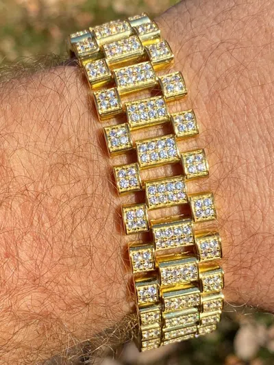 Pre-owned Silver Mens 14k Gold Plated Solid 925 Sterling  20mm Big Presidential Bracelet Cz