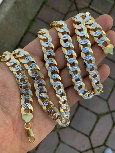 Pre-owned Silver Mens Diamond Cut 11mm Miami Cuban Chain 14k Gold Plated Solid 925  Twotone In Yellow