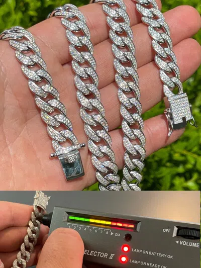 Pre-owned Silver Mens Miami Cuban Link Chain Real Iced Moissanite - Passes Tester 12mm In