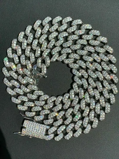 Pre-owned Silver Mens Miami Cuban Link Chain Real White Gold Plated Stainless 15mm Cz  Huge In White/colorless