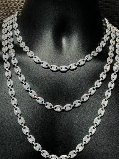 Pre-owned Silver Mens Puffed Mariner Link Chain Icy Simulated Diamonds Solid 925  8mm Thick