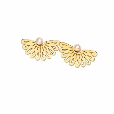 Silver Moon Women's Gold / White Pearl Wings Gold-plated Sterling Silver Earrings