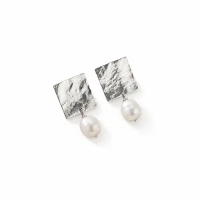 Silver Moon Women's Silver / White Square Pearl Drop Sterling Silver Earrings