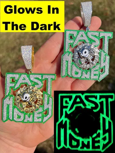 Pre-owned Silver Real 925  Gold Plated Cz Glows In Dark Fast Money Sonic Big Hiphop Pendant