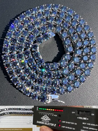 Pre-owned Silver Real Blue Moissanite 5mm Tennis Chain 925  Iced Necklace Pass Diamond Test
