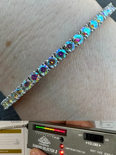 Pre-owned Silver Real Iced Opal Rainbow Moissanite 3mm Tennis Bracelet 925  Diamond Tester