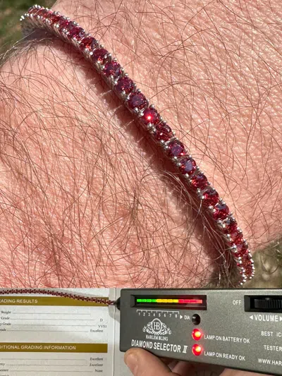 Pre-owned Silver Real Iced Ruby Red Moissanite 3mm Tennis Bracelet 925  Pass Diamond Test
