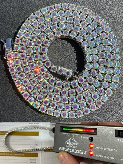 Pre-owned Silver Real Opal Rainbow Moissanite 3mm Tennis Chain 925  Iced Necklace Pass Test