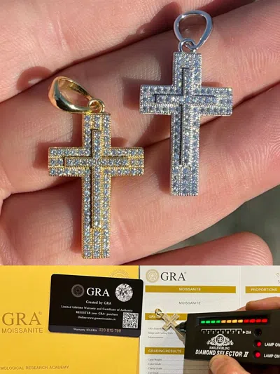 Pre-owned Silver Real Solid 10k Gold Cross Pendant Necklace Iced Moissanite Passes Diamond Tester