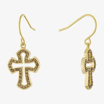 Silver Reflections Crystal 24k Gold Over Brass Cross Drop Earrings In Transparent