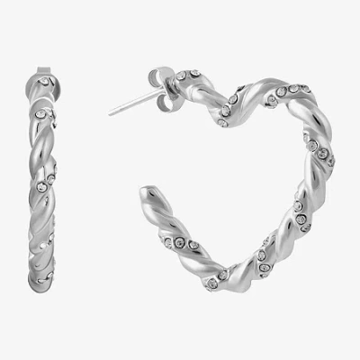 Silver Reflections Twisted Womens Crystal 26.6mm Heart Hoop Earrings In Transparent