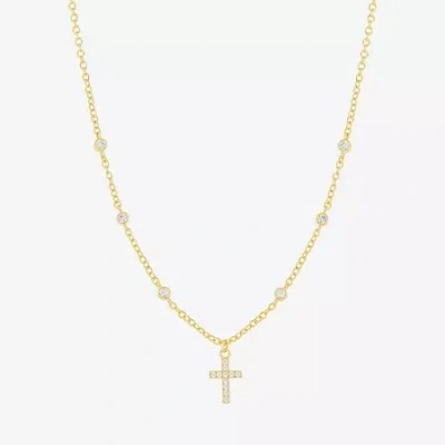 Silver Reflections Womens Cubic Zirconia 14k Gold Over Brass Cross 16 Inch Pendant Necklace In Transparent