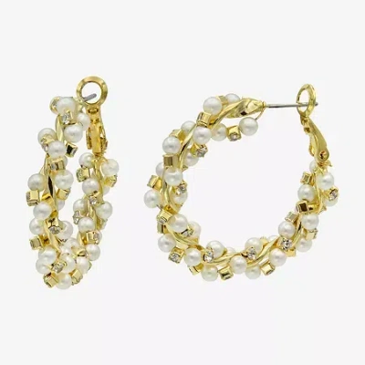Silver Reflections Womens Cubic Zirconia Simulated Pearl 14k Gold Over Brass 35mm Hoop Earrings In Transparent