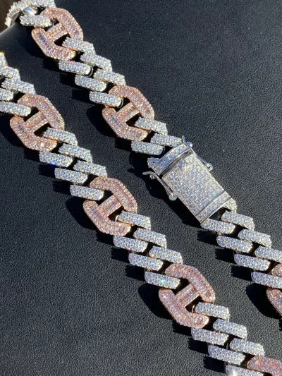 Pre-owned Silver Solid 925  Cz Rose Gold Plated Mens Figarucci Gucci Link Prong Cuban Chain In  & 14k Rose Gold