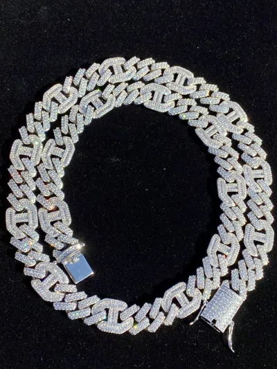 Pre-owned Silver Solid 925  Mens Figarucci Gucci Link Prong Cuban Chain Baguette Cz