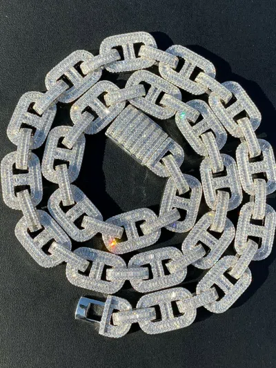 Pre-owned Silver Solid 925 Sterling  Baguette Gucci Link Chain Iced 15mm Thick Bust Down Cz In White/colorless