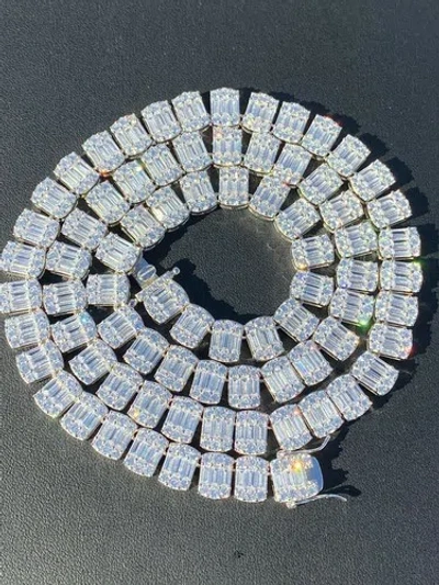 Pre-owned Silver Solid 925 Sterling  Baguette Tennis Chain Real Iced Simulated Diamond
