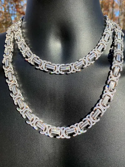 Pre-owned Silver Solid 925 Sterling  Mens Byzantine Link Chain Iced 14mm Thick Flooded Cz