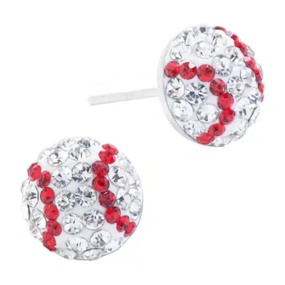 Silver Treasures Baseball Red Crystal Sterling Silver 9mm Stud Earrings In Metallic