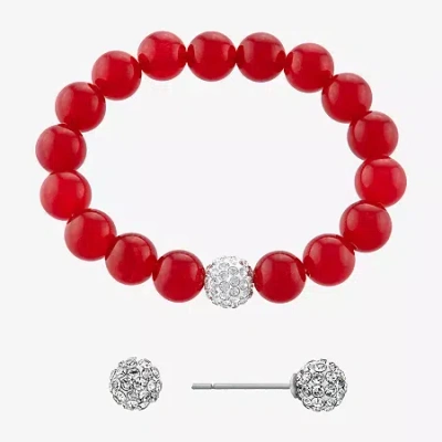 Silver Treasures Bracelet & Stud Earring Genuine Stone Womens Red Sterling Silver 2-pc. Jewelry Set