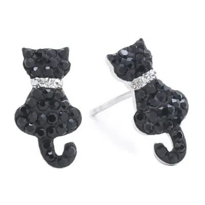 Silver Treasures Cat Black Crystal Sterling Silver 14.7mm Stud Earrings