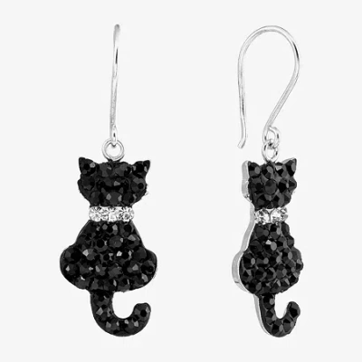 Silver Treasures Cat Womens Black Crystal Sterling Silver Drop Earrings