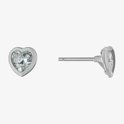 Silver Treasures Cubic Zirconia Sterling Silver 7mm Heart Stud Earrings In Metallic