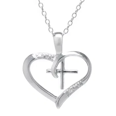 Silver Treasures Cubic Zirconia Sterling Silver Cross Heart Pendant Necklace In Metallic