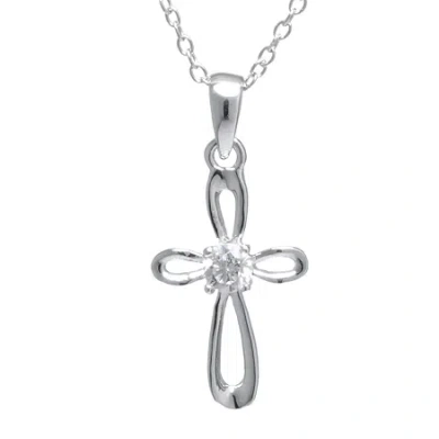 Silver Treasures Cubic Zirconia Sterling Silver Openwork Cross Pendant Necklace In Metallic