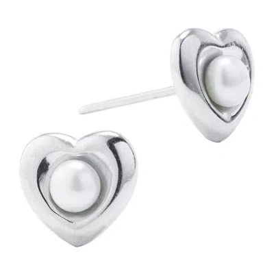 Silver Treasures Cultured Freshwater Pearl Sterling Silver 8mm Heart Stud Earrings In Transparent