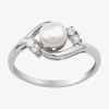 Silver Treasures Cultured Freshwater Pearl Womens White Cubic Zirconia Sterling Silver Delicate Bypass Promise Ring In Silver