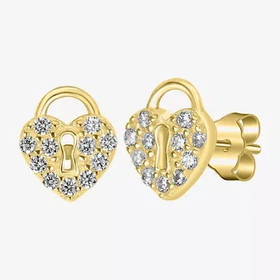 Silver Treasures Delicates Pad Lock Cubic Zirconia 14k Gold Over Brass 8.1mm Heart Stud Earrings In Transparent