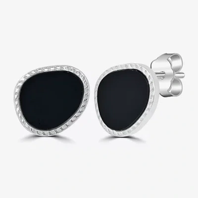 Silver Treasures Genuine Stone Black Onyx Sterling Silver 12mm Oval Stud Earrings In Transparent