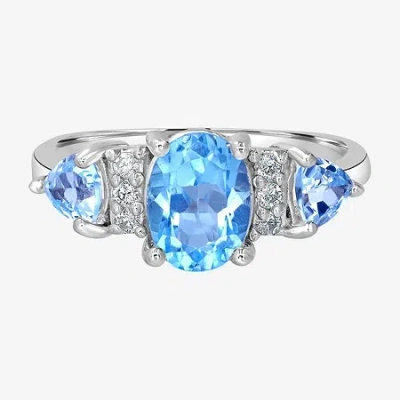 Silver Treasures Genuine Stone Sterling Silver 3-stone Band In Blue