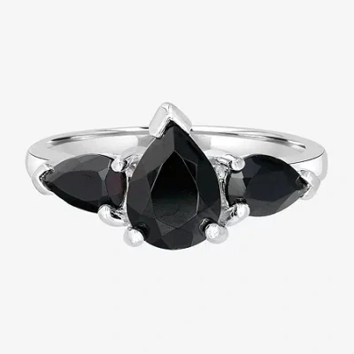 Silver Treasures Genuine Stone Sterling Silver 3-stone Cocktail Ring In Black