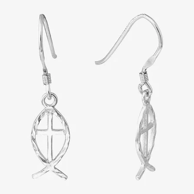 Silver Treasures Jesus Fish Womens Sterling Silver Drop Earrings