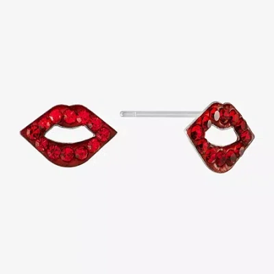 Silver Treasures Lips Red Crystal Sterling Silver 7.1mm Stud Earrings In Transparent